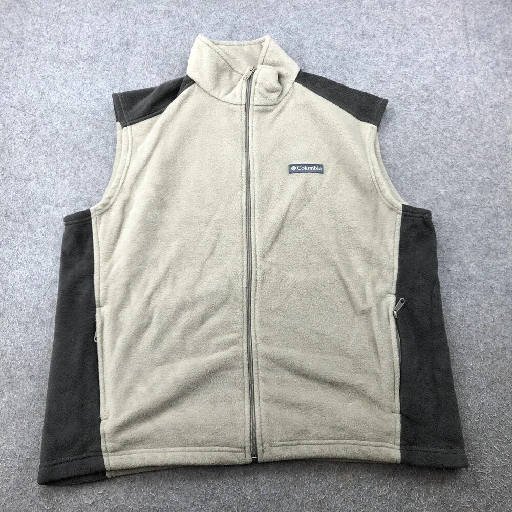Columbia Vest Mens XL Beige Black Fleece Full Zip Sleeveless Outdoor Hiking - Picture 1 of 9